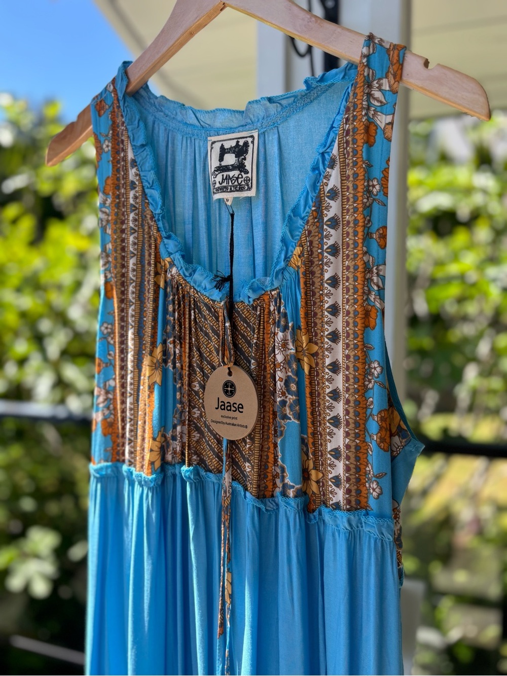 NWT New w/Tags Jaase Turquoise Boho Maxi Dress with Brown Floral Trim Australia